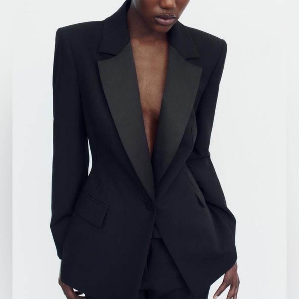 Zara Satin Lapel Long Sleeve Single Breasted Tuxedo Blazer Black Small